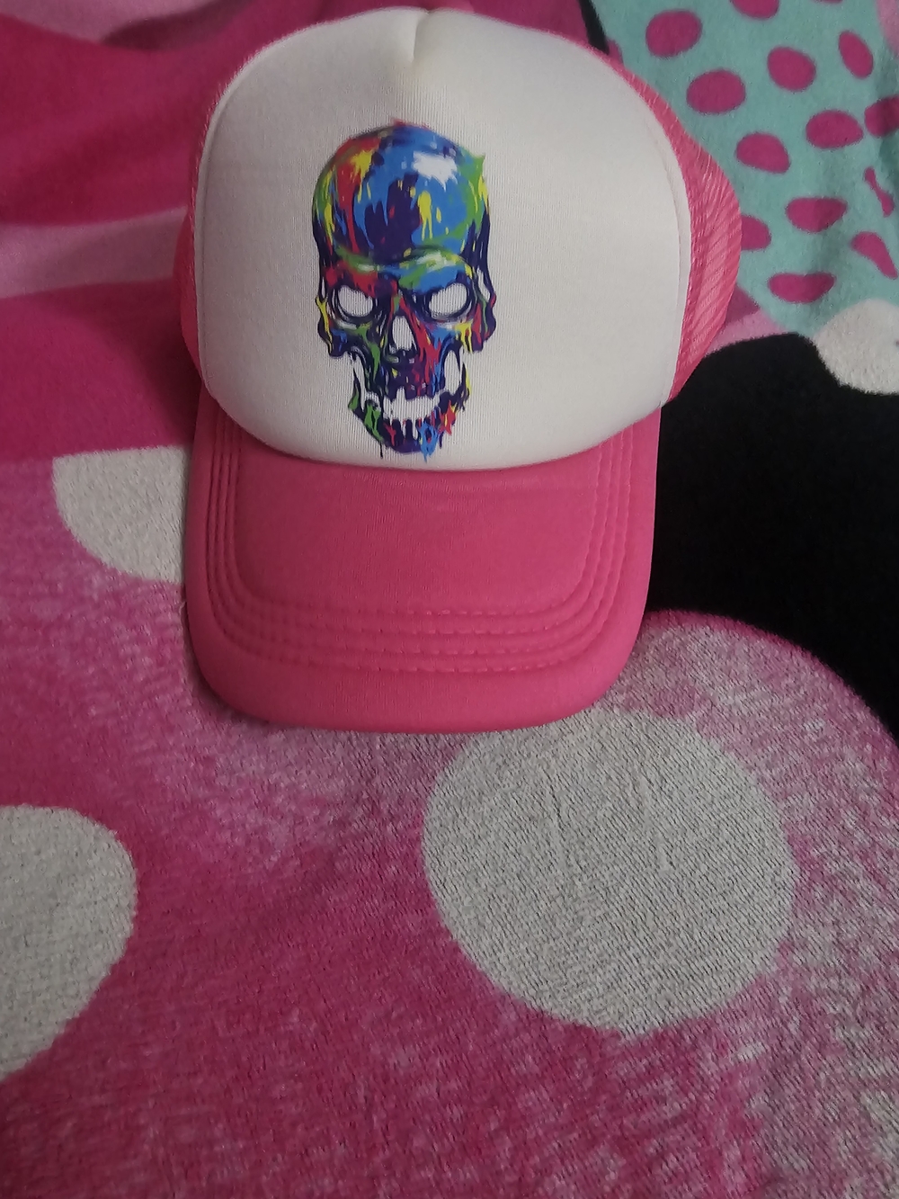 Pink Trucker Hat with Colorful Skull Graphic